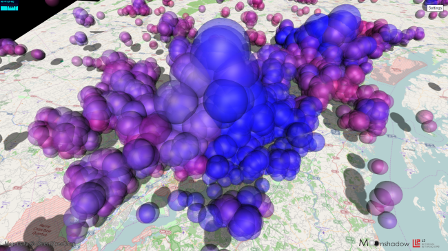 3. Washington DC and Baltimore Voters Colored by Party as Airborne Transparent Spheres